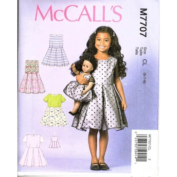 McCall's M7707 Girls 6 to 8 Dress and 18in Doll Dress Uncut Sewing Pattern New - Picture 1 of 2